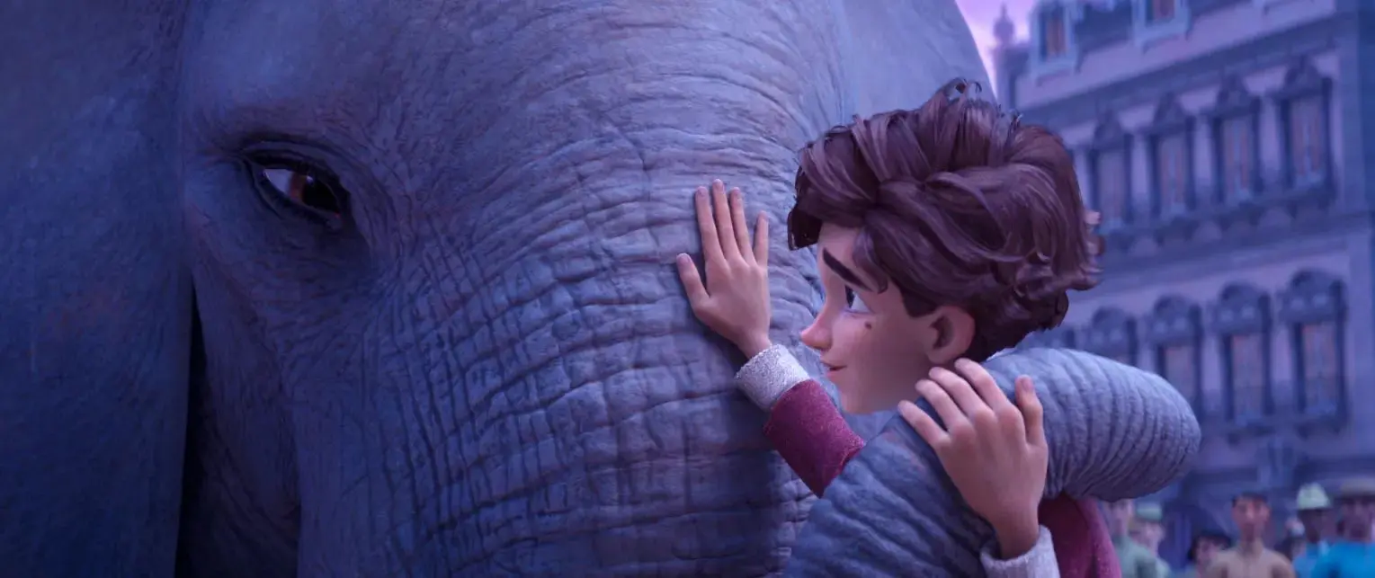 پیتر که خرطوم فیل را در آغوش گرفته است در انیمه فیلم شعبده باز
