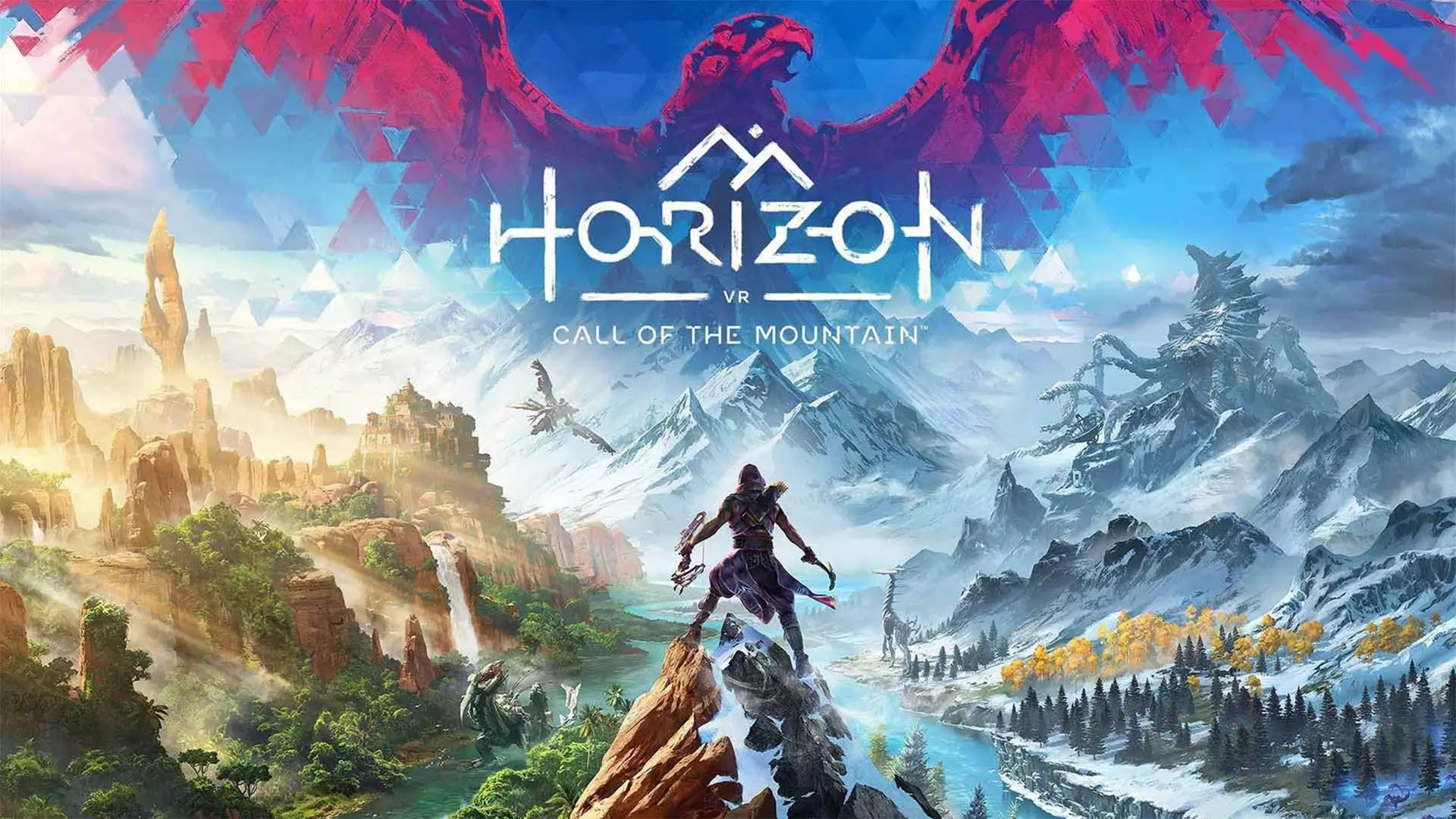شخصیت بازی Horizon Call of the Mountain در کنار مناظر و ربات‌ها