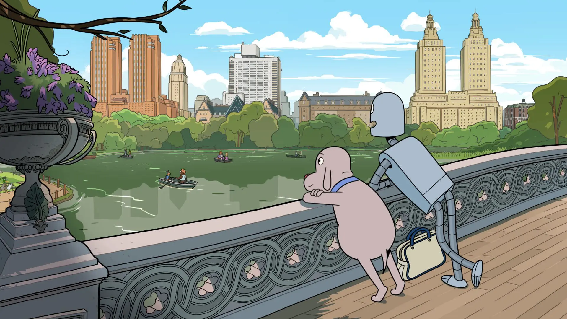 ربات و سگ در حال تماشا رودخانه در انیمیشن Robot Dreams