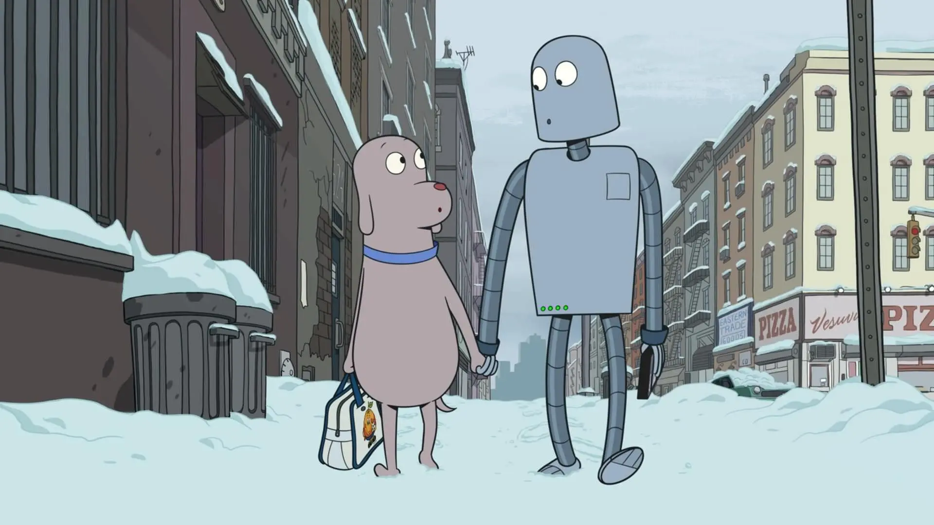 ربات و سگ در حال قدم زدن در خیابان برفی در انیمیشن Robot Dreams