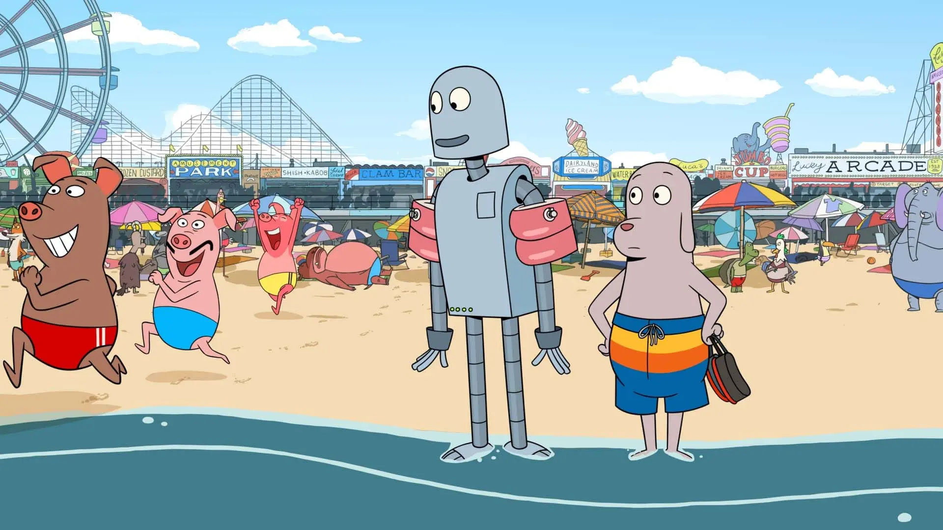 ربات و سگ در ساحل در انیمیشن Robot Dreams