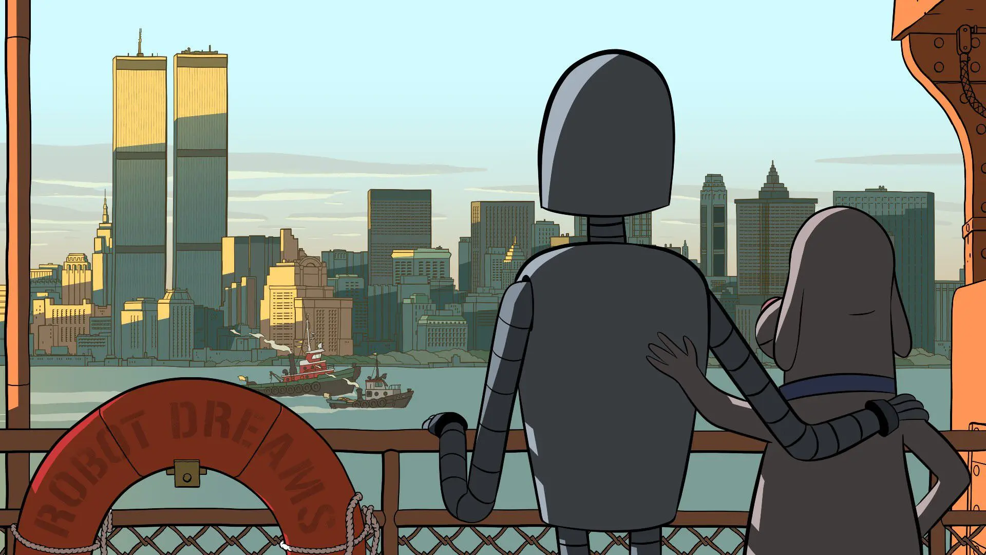 ربات و سگ در حال تماشا برج دوقلو در انیمیشن Robot Dreams