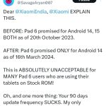 عدم ارائه آپدیت اندروید ۱۵ برای Xiaomi Pad 6: بدقولی شیائومی